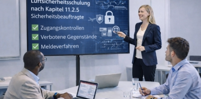 11.2.5 Luftsicherheitschulung für Sicherheitsbeauftragte – Trainerin schult Teilnehmende zu Vorschriften und Zugangskontrollen